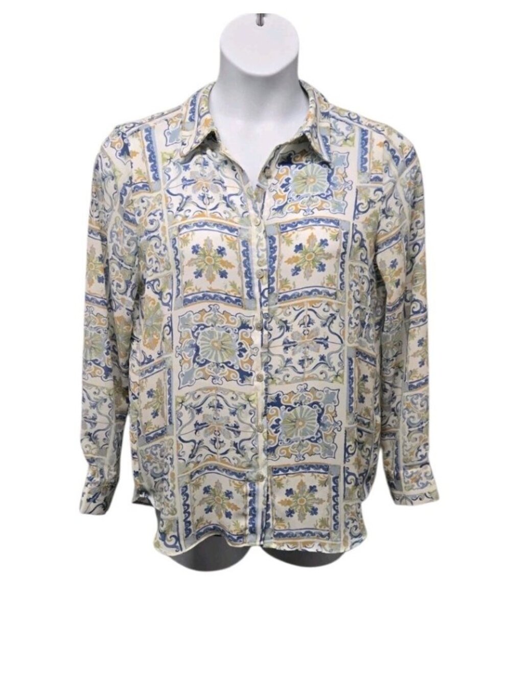 Rose & Olive Size Large Blue Floral  Button Up Shirt Patchwork Casual Indie Boho